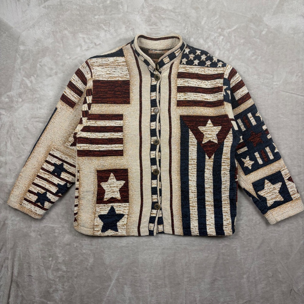 VTG Sugar Street Weavers American Flag Womens L Tapestry Jacket Stars Western